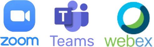 Logos of Zoom, Teams, and Webex, supported platforms for Akkadu real-time audio translation