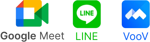 Google Meet、Line 和 VooV Meeting (腾讯会议) 等虚拟平台的图标，均可使用 Akkadu AI 实时字幕