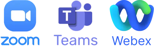 视频会议平台 Zoom、Teams 和 Webex 的图标